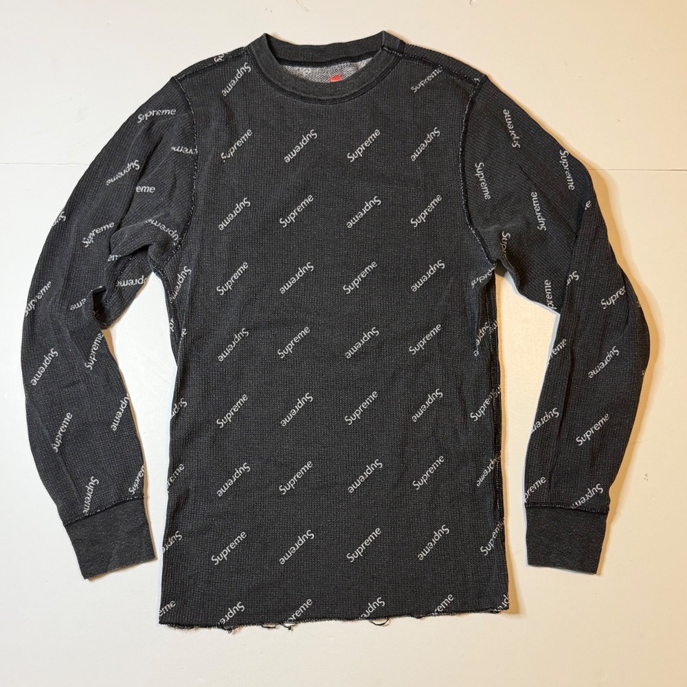 Supreme Thermal Long Sleeve Waffle Knit Shirt Mens Small Black Full Print